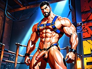 A muscular man with an athletic build, wearing a harness and a revealing suspensorio. He has a bit of facial hair, adding to his rugged appearance. The setting is a dimly lit space, with dramatic shadows highlighting his defined muscles, creating an intense and captivating ambiance. ((( visible penis)))