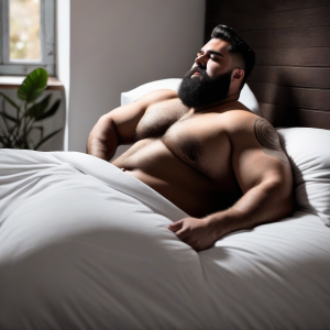 hombre peludo fuerte gordito en la cama sin ropa