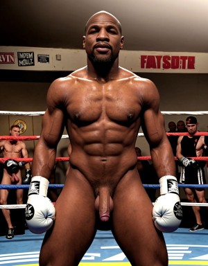 Foto muy realista texturas 8k. Floyd Mayweather totalmente desnudo, tiene un pene grande, tiene testículos grandes y peludos. Está totalmente desnudo de cuerpo entero. Tiene mucho vello en el pecho, piernas y brazos. Está en un gimnasio de boxeo rodeado de boxeadores totalmente desnudos boxeando entre ellos. Amor y pasión.