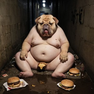 Perro humano gordo desnudo comiendo hamburguesas en una alcantarilla 