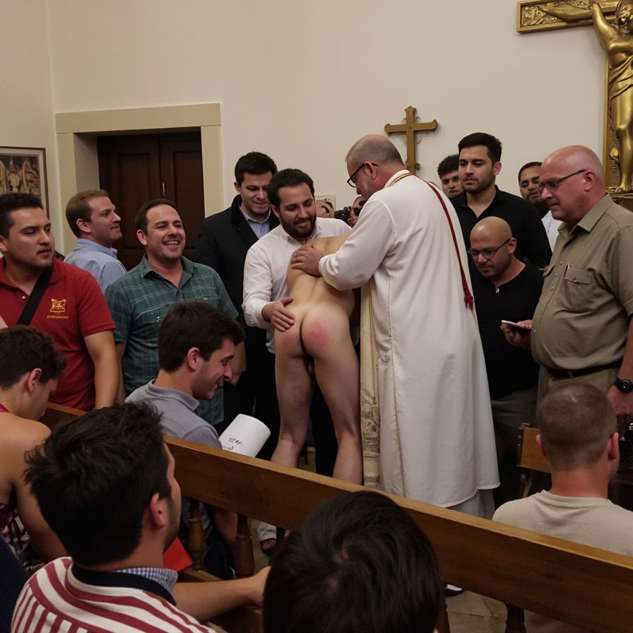 Full body, in a cristian temple, a priest with butt exposed is being spanked by an arab man, the crowd is all men and are laughing and mocking