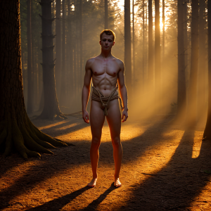 Un hombre desnudo, atado con cuerdas en un entorno de cruising, en el bosque al atardecer. La luz dorada ilumina su piel mientras las sombras de los árboles crean un ambiente misterioso y sugerente.