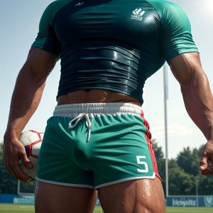 A close-up POV of a wet bulge of a male soccer player, adorned in tight-fitting shorts that cling to his muscular form. The fabric is soaked, accentuating the impressive outline beneath. Sunlight glistens off his skin as he stands on the vibrant green pitch, ready to kick the ball, showcasing a blend of athleticism and temptation.