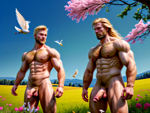 Foto realista en 8k. Dos hombres musculosos de pie muy velludos con cabello rubio y penes grandes y testículos grandes. Firmes deporte saltos. Hay muchas flores de muchos colores en un prado de plantas verdes y muchos pájaros de colores, hay un pavo real en la rama de un árbol, hay muchas palomas blancas volando en el cielo azul. Tienen el cabello movido por el aire ingrávidamente, mientras la luz del sol les alumbra y salpica el entorno.