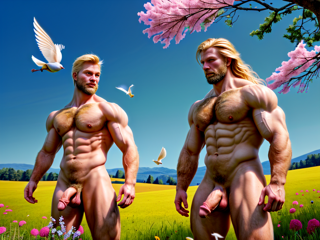 Foto realista en 8k. Dos hombres musculosos de pie muy velludos con cabello rubio y penes grandes y testículos grandes. Firmes deporte saltos. Hay muchas flores de muchos colores en un prado de plantas verdes y muchos pájaros de colores, hay un pavo real en la rama de un árbol, hay muchas palomas blancas volando en el cielo azul. Tienen el cabello movido por el aire ingrávidamente, mientras la luz del sol les alumbra y salpica el entorno.