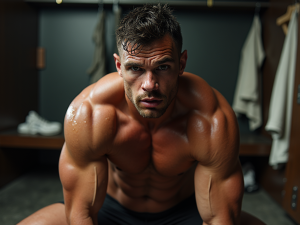 (((Masterpiece, detailed))) POV scene, a nude muscular rugby player with a rugged physique, realistic skin textures, sweat glistening on his skin. He has an intense expression, the aftermath of passion visible on his face. Locker room setting, sports gear scattered around, dynamic pose, expressive face, high-resolution rendering, emphasis on strong athletic form, sensual and dramatic mood, intense focus on the moment, detailed anatomy captured, intimate and powerful scene.