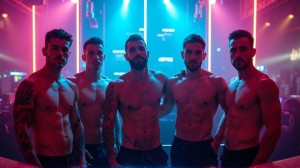 Un grupo de hombres, todos de 23 años, musculosos, se encuentra en la barra de una vibrante discoteca techno en Berlín. Están sin camisetas, mostrando sus torsos atléticos y brillantes de sudor bajo las luces intensas y coloridas que rebotan sobre ellos. La barra, una estructura metálica y futurista, refleja los destellos luminosos del entorno, creando un contraste visual electrizante. Las luces acarician sus pieles, resaltando cada músculo definido. Mientras posan, algunos tienen tatuajes que cuentan historias personales, añadiendo un toque intrigante a la escena. Alrededor, se puede percibir la esencia de la música techno, palpitante y envolvente, mientras ellos interactúan con seguridad y desinhibición, reflejando la energía cruda del club berlines.