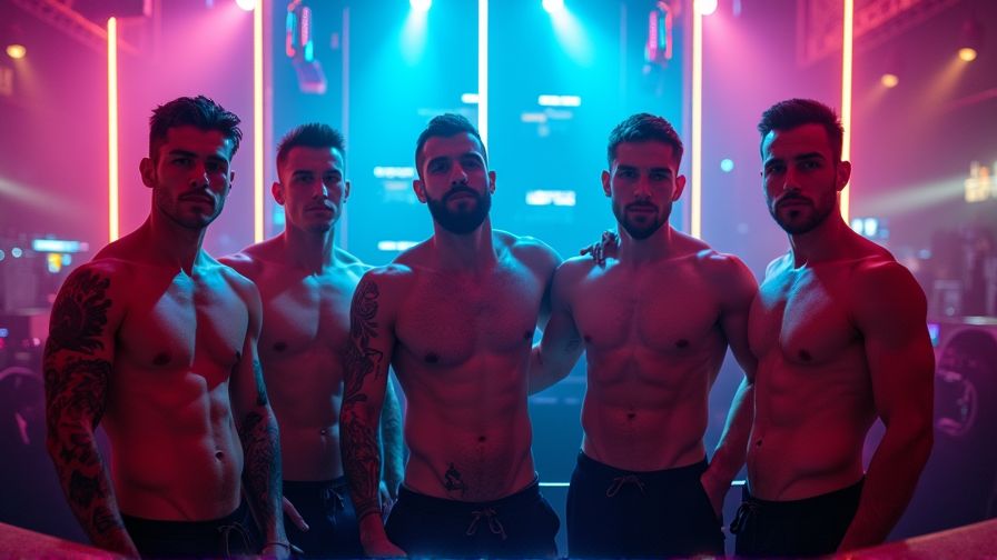 Un grupo de hombres, todos de 23 años, musculosos, se encuentra en la barra de una vibrante discoteca techno en Berlín. Están sin camisetas, mostrando sus torsos atléticos y brillantes de sudor bajo las luces intensas y coloridas que rebotan sobre ellos. La barra, una estructura metálica y futurista, refleja los destellos luminosos del entorno, creando un contraste visual electrizante. Las luces acarician sus pieles, resaltando cada músculo definido. Mientras posan, algunos tienen tatuajes que cuentan historias personales, añadiendo un toque intrigante a la escena. Alrededor, se puede percibir la esencia de la música techno, palpitante y envolvente, mientras ellos interactúan con seguridad y desinhibición, reflejando la energía cruda del club berlines.