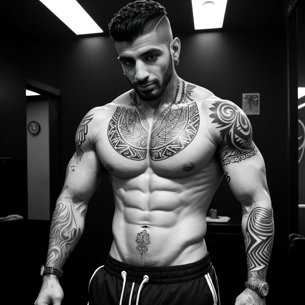 arab guy 34 years old, shirtless, tattoos