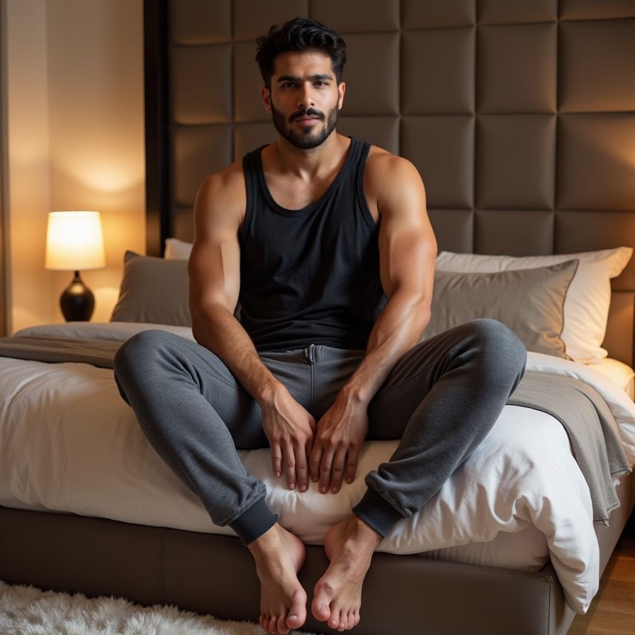 Close-up picture of an arab man, sitting comfortably on the edge of his bed in his stylish, modern bedroom. He is wearing trendy designer sweatpants and a loose tank top, showcasing his toned physique. His feet are exposed, with perfectly manicured nails and a hint of a tan, adding a touch of sensuality. The room is elegantly decorated with plush furnishings and soft lighting, creating a cozy and intimate atmosphere. Justin's confident and relaxed demeanor exudes a charming appeal, making the viewer feel as if they are sharing a private moment with the handsome star.