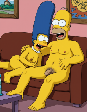 Homer Simpson and Nedd Flanders nacked  whit visible penis in a couch