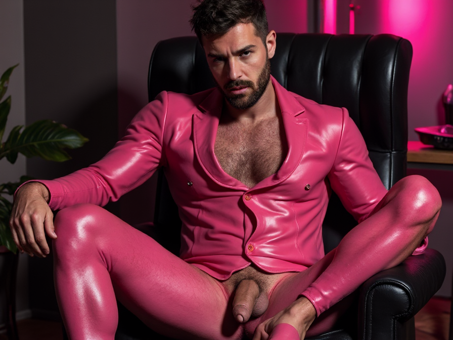 (((Obra maestra, detallada))), estética fetiche, iluminación dramática, un hombre atractivo vestido con un ajustado traje de látex rosa, atado de manera sugestiva a una silla, pene visible, expresión intensa y desafiante, texturas realistas del látex brillando con la luz, ambiente íntimo con sombras profundas, detalles meticulosos en las ataduras, enfoque en la figura masculina y su postura, atmósfera cargada de sensualidad, tensión palpable en la escena, representación del poder y la vulnerabilidad, fantasía evocadora.