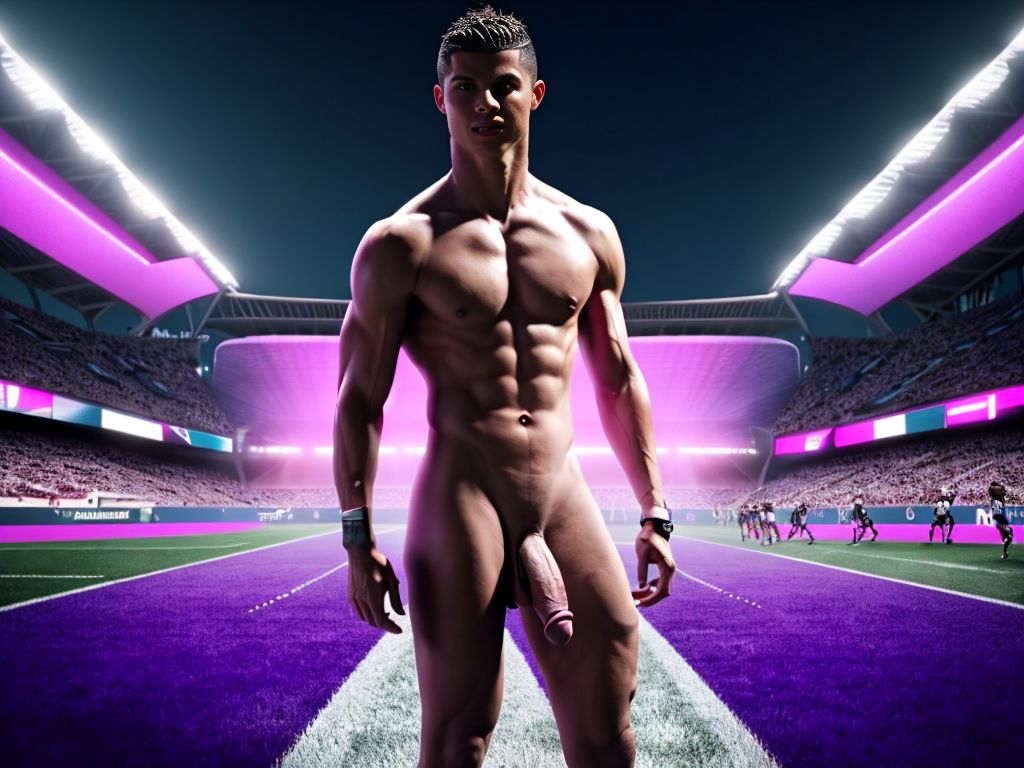 Cristiano Ronaldo está totalmente desnudo. Tiene pene bonito y grande. Tiene los testículos grandes y bonitos. Está de pie en el césped del campo de fútbol. Está rodeado de hombres desnudos futbolistas totalmente desnudos con pene y testículos, corriendo atléticamente.