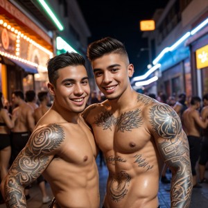 Un hombre colombiano de 23 años, musculoso y sin camiseta, con piel bronceada, seduciendo a un chico tatuado en una calle vibrante. La escena está llena de energía, con luces de neón de fondo. El colombiano tiene una sonrisa provocativa, mostrando su confianza, mientras el chico tatuado, con escamas brillantes, responde a la seducción con curiosidad, su cuerpo lleno de tatuajes artísticos que resaltan su personalidad única.