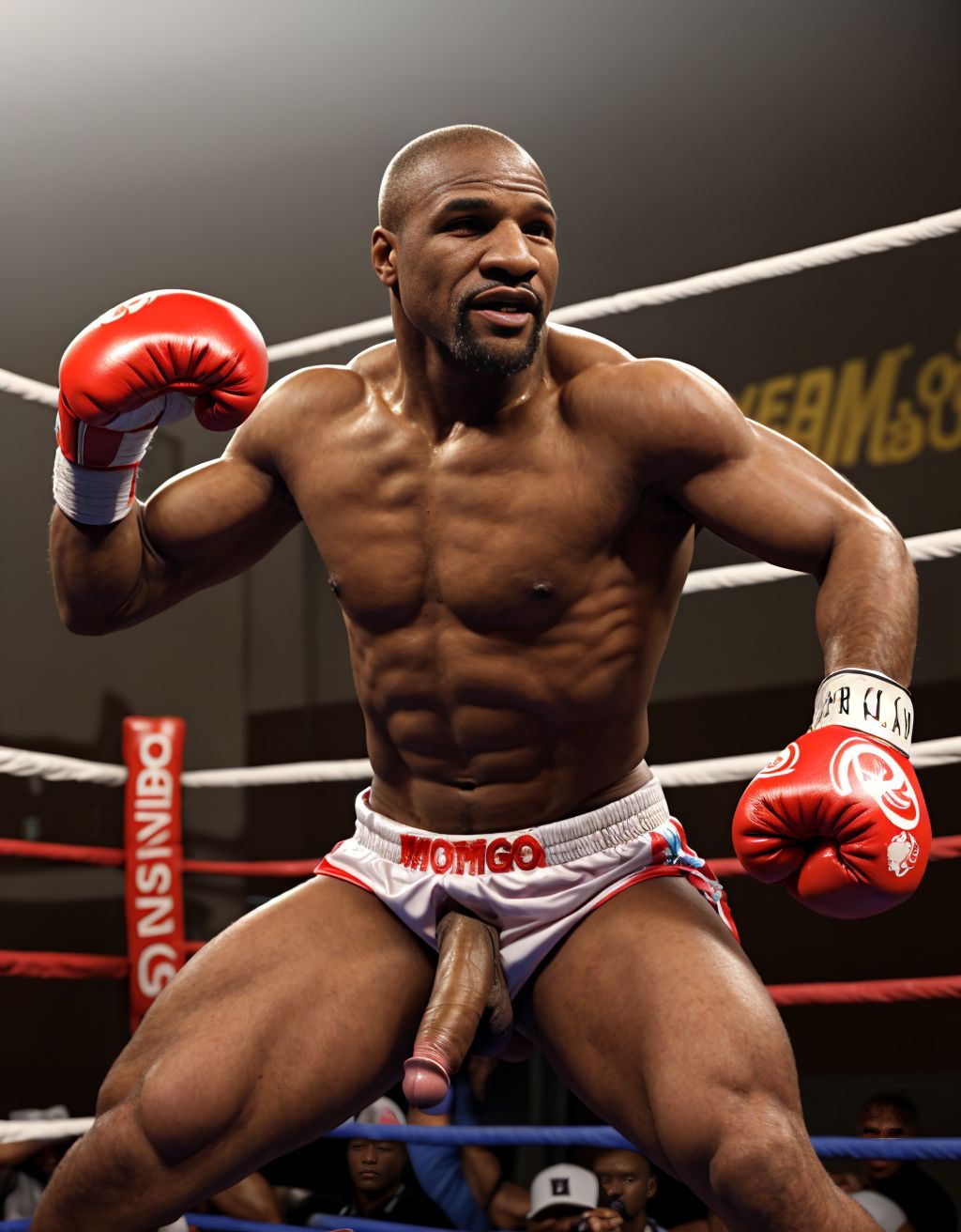 Foto muy realista texturas 8k. Floyd Mayweather totalmente desnudo, tiene un pene bonito y grande, tiene testículos grandes, bonitos y peludos. Está totalmente desnudo de cuerpo entero. Tiene mucho vello en el pecho, piernas y brazos. Está en un gimnasio de boxeo rodeado de boxeadores totalmente desnudos boxeando entre ellos. Amor y pasión.