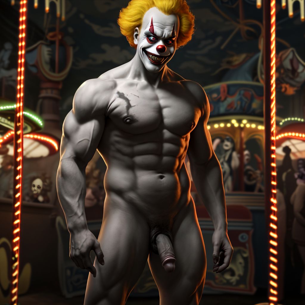 A menacing figure inspired by Art the Clown, standing in a dimly lit, eerie carnival setting. The character is dressed in a tattered, sinister clown costume that emphasizes his muscular build. His penis is visibly exposed, adding to the provocative nature of the scene. Shadows play across his painted face, showcasing a chilling grin as he leans against a vintage carousel, creating an unsettling yet captivating atmosphere.