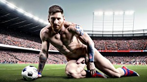 Lionel Andrés Messi desnudo, está de frente, está totalmente desnudo. Tiene a la vista su pene bonito y grande. Tiene los testículos grandes y bonitos. Está de pie en el césped del campo de fútbol. Está rodeado de hombres desnudos con pene y testículos, futbolistas totalmente desnudos, corriendo atléticamente.