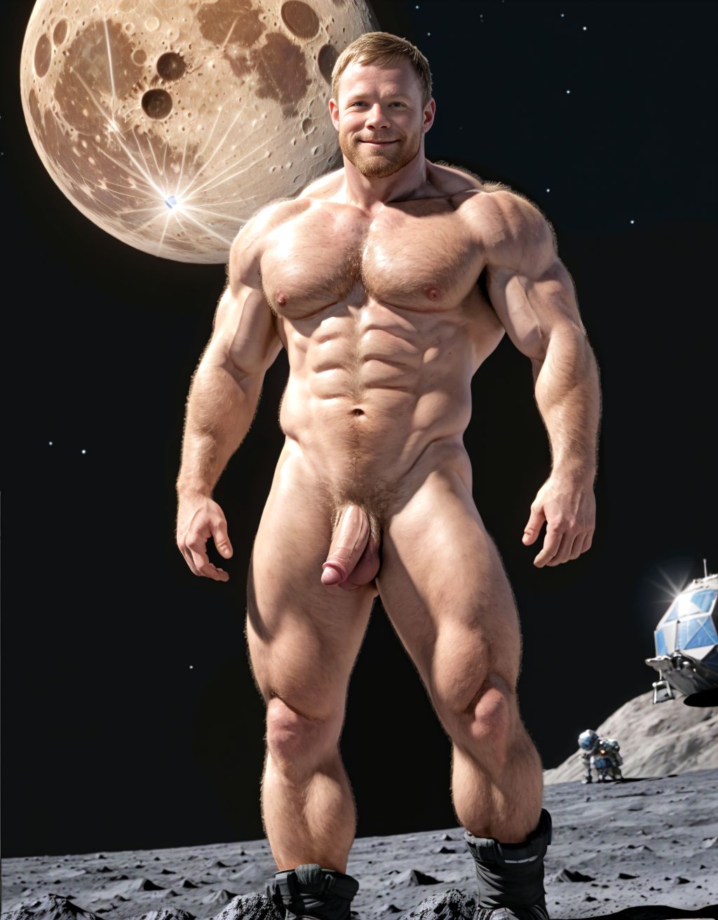 Neil Armstrong desnudo totalmente desnudo. La luz ilumina su cara y todo el cuerpo. Tiene el pecho con vello y brazos con vello. Está totalmente desnudo de pie y pisando el suelo Lunar. Está musculoso. Tiene pene grande erecto. Tiene testículos grandes. Tiene mucho vello y pelo. Foto muy realista texturas 8k. 