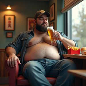 Hyper-realistic digital artwork, extremely detailed textures, high-quality rendering, casual realistic scene, young man with handsome facial features and beard, exaggeratedly overweight physique, prominently large belly, casually dressed wearing jeans and cap, sitting relaxed in indoor environment, drinking beer in morning, surrounded by unhealthy fast-food including fries and snacks, highly detailed realistic body proportions and clothing folds, soft natural lighting, moody ambiance, precise textures, photographic level realism.