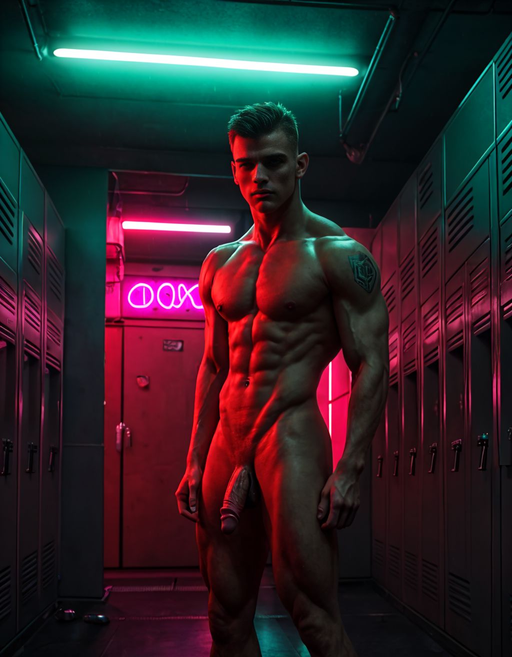 neon noir, American jock, confidently standing in a locker room, his toned physique accentuated by the bright lights. He is unclothed, showcasing his body, with his penis visible, casually leaning against the lockers, exuding an aura of youthful masculinity and athleticism. The atmosphere is both intimate and vibrant, with steam rising in the background, enhancing the allure of the scene. cyberpunk, dark, rainy streets, neon signs, low light, vibrant, highly detailed