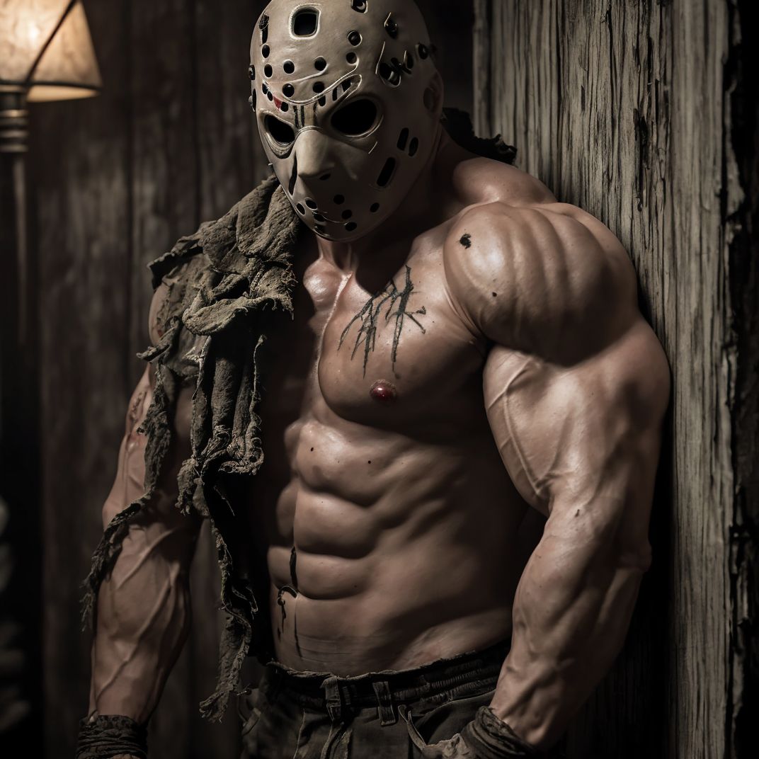 A muscular man resembling Jason Voorhees, clad in tattered, rugged attire, engaged in an intimate moment with another man. They are entwined in a dimly lit cabin, the atmosphere thick with tension and desire. The man's expression reflects raw passion as he leans in, creating an aura of thrilling suspense. Shadows dance on the walls, heightening the evocative setting.