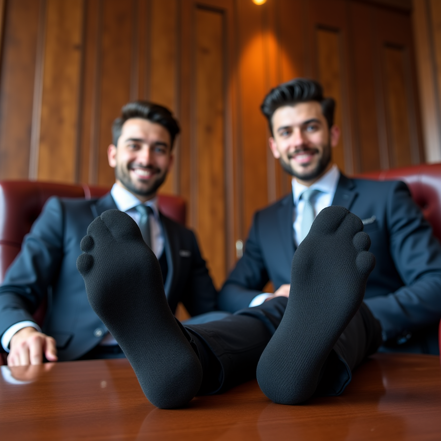 Photorealistic render, cinematic lighting, luxurious office setting, two confident handsome businessmen with dark stylish hairstyles, well-groomed, elegant tailored suits, one sitting behind desk smiling professionally, the other man sitting relaxed in office chair with legs stretched casually onto desk, prominently displaying his feet covered in high-quality black socks, close-up perspective emphasizing sock texture and dominance vibe, masculine expressions, detailed wooden office interior, high-resolution photographic realism.