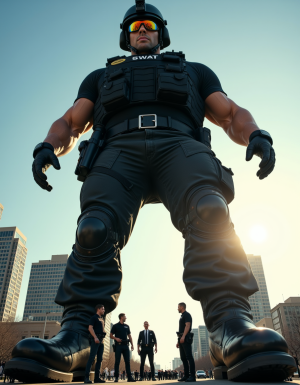 A massive, muscular SWAT officer towering over a cityscape. He's in full tactical gear, with a sturdy helmet and reflective sunglasses. The sun highlights his chiseled physique through the tight-fitting uniform. Around his polished boots, tiny men look up in awe and admiration. The scene captures a sense of power and dominance, the officer's authoritative presence casting a larger-than-life shadow over the miniature figures.