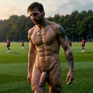 Lionel Andrés Messi Cuccittini está totalmente desnudo. Tiene pene bonito y grande. Tiene los testículos grandes y bonitos. Está de pie en el césped del campo de fútbol. Está rodeado de hombres desnudos futbolistas totalmente desnudos con pene y testículos, corriendo atléticamente.