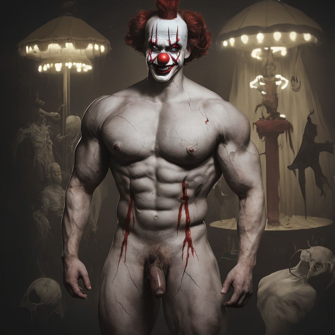 A menacing figure inspired by Art the Clown, standing in a dimly lit, eerie carnival setting. The character is dressed in a tattered, sinister clown costume that emphasizes his muscular build. His penis is visibly exposed, adding to the provocative nature of the scene. Shadows play across his painted face, showcasing a chilling grin as he leans against a vintage carousel, creating an unsettling yet captivating atmosphere.