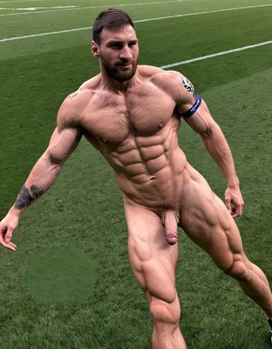 Lionel Andrés Messi Cuccittini está totalmente desnudo musculoso con vello. Tiene a la vista su pene bonito y grande. Tiene los testículos grandes y bonitos. Está de pie en el césped del campo de fútbol. Está rodeado de hombres futbolistas totalmente desnudos, corriendo atléticamente.