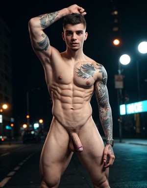 A 26-year-old scally guy, tattooed and completely naked except for a pair of stylish Nike sneakers, striking a confident pose. His full body is on display, showcasing his toned physique and intricate tattoos. The setting is urban, with a hint of grunge, enhancing the raw appeal of the scene. His penis is prominently visible, accentuating his boldness and allure.