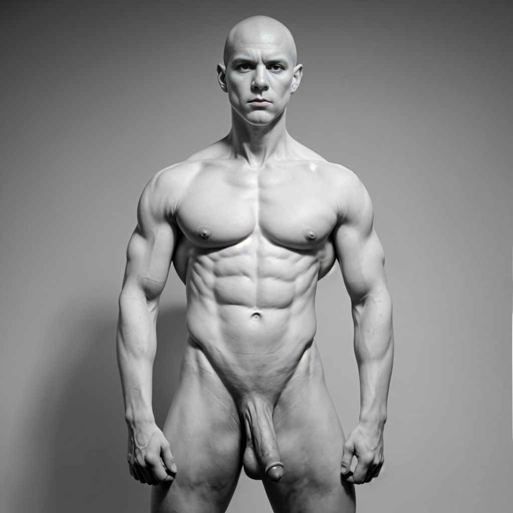 A naked skinhead man, with a defined physique and a strikingly bald head, standing confidently in a bold pose. His penis is visible, accentuating his aggressive aura. The setting is minimal, allowing the focus to remain on his body and unique style, with soft light highlighting his powerful form.