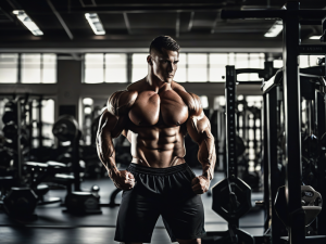 A massive bodybuilder posing in a gym with an imposing and exaggeratedly muscular physique. The focus is on the extreme definition of his veins and muscles, highlighted by dramatic lighting that casts sharp shadows across his body. The background includes gym equipment and lockers, subtly blurred to keep attention on the figure. The atmosphere is intense and powerful, emphasizing strength and dedication.