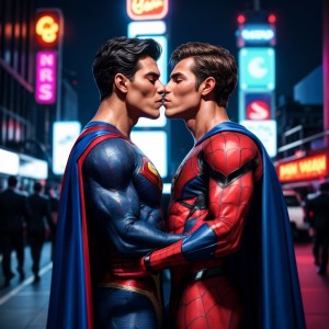 Hombres musculosos, Superman y Spiderman, besándose apasionadamente, capas y trajes desgarrados, revelando torsos desnudos, piel sudorosa, ojos cerrados, labios entrelazados, fondos de ciudad oscura y neón.