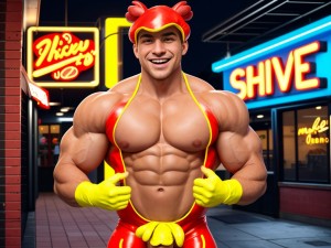 Hombre musculoso con disfraz de pollo ajustado, mostrando piel, pene visible, delante de un restaurante de comida rápida, sonriendo seductoramente, cartel de promoción en mano, fondo de luces neon, ambiente animado.