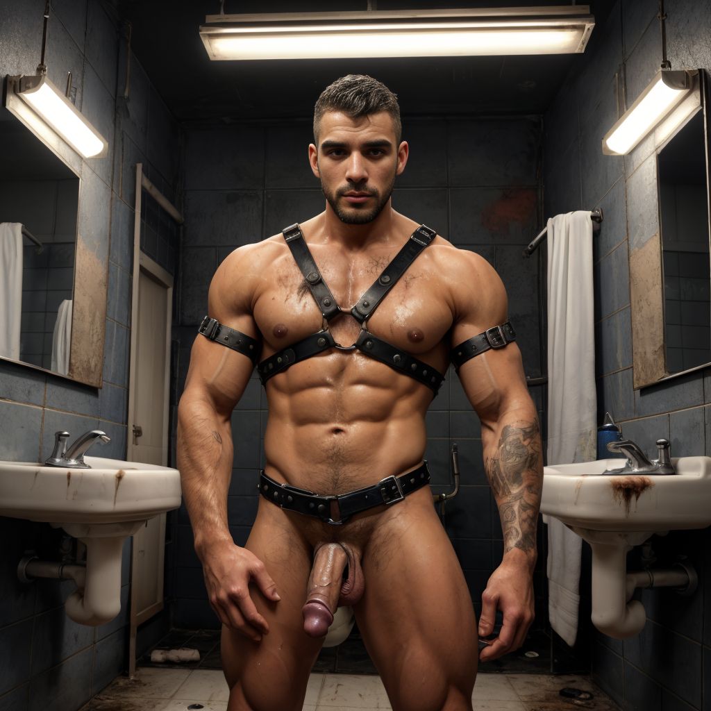 man with harness penis visible public dirty bathroom