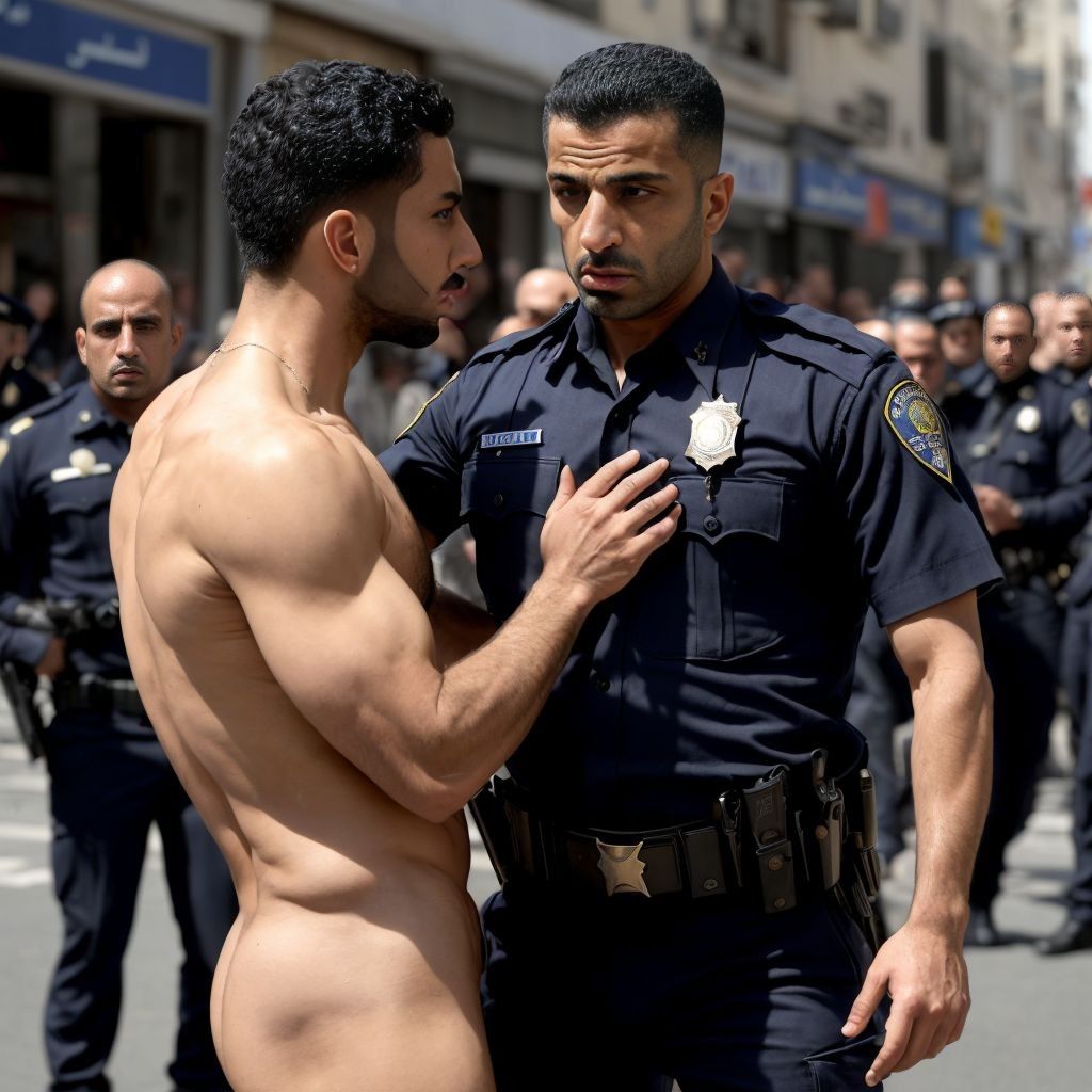 policia arabe deteniendo a arabe desnudo en publico