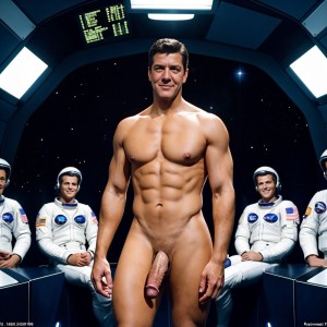 ROCK HUDSON desnudo de cuerpo entero. Está de pie.  Es una foto realista 8K. Tiene pene bonito y grande. Tiene testículos grandes y bonitos. Está en el espacio interestelar, rodeado de tres astronautas totalmente desnudos. Tiene dos hombres negros totalmente desnudos.