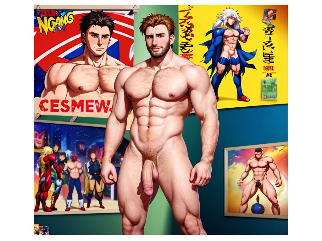 Chris Evans está totalmente desnudo. Está de pie, de cuerpo entero enseñando su bonito pene grande enorme. Tiene testículos bonitos y grandes. Tiene mucho vello en su pecho. Foto hiperrealista texturas 8k. Rodeado de carteles y fotos de hombres totalmente desnudos.