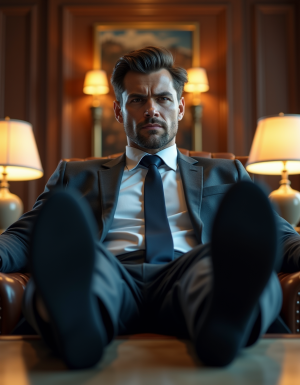 Ultra-realistic professional-grade photograph quality, detailed high-resolution textures, powerful dominant young executive in business suit and tie, seated confidently in corporate office environment, placing feet prominently on the foreground desk, black dress socks clearly visible, arrogant and assertive facial expression, low-angle dynamic perspective highlighting his dominant posture, luxurious office interior, modern corporate aesthetics, cinematic lighting and shading, hyper-realism photographic rendering.