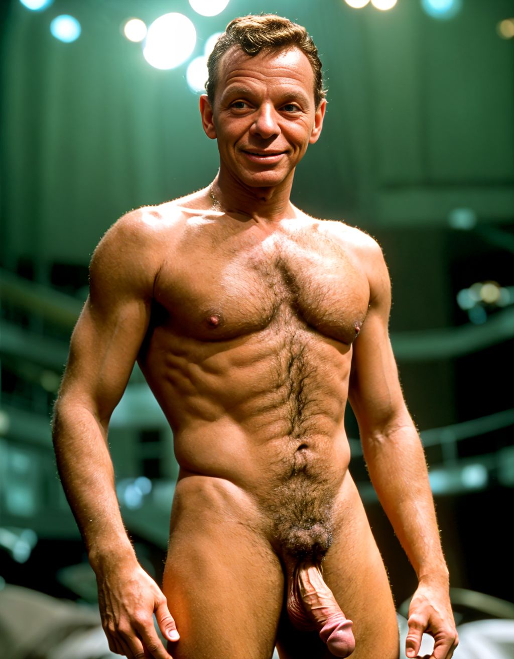 Frank Sinatra está totalmente desnudo. Está de pie, de cuerpo entero enseñando su bonito y gran pene. Tiene bonitos y grandes testículos peludos. Tiene mucho vello en su pecho. 