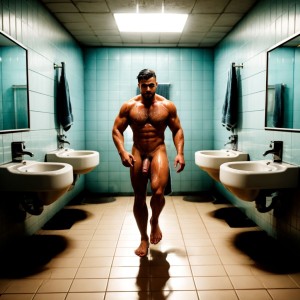 Hombres semi desnudos, algunos con pene visible, en un baño público, musculosos, mojados, con toallas alrededor de la cintura, mostrando torsos desnudos, algunos con vello corporal, ambiente húmedo y cálido, azulejos de baño, duchas al fondo, agua corriendo, sensual y relajado.