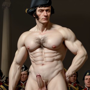 Napoleón Bonaparte totalmente desnudo. Tiene ((mucho vello en pectorales y brazos)). Está de pie. Está totalmente desnudo musculoso. Se ve todo su cuerpo entero con vello. Se ve su cuerpo completo y con vello. ((Tiene pene grande erecto)). ((Tiene los testículos grandes)). Tiene mucho vello en el cuerpo. Foto muy realista texturas 8k. Está rodeado soldados desnudos del Ejército Imperial Francés napoleónicos del año 1820 y cañones de la