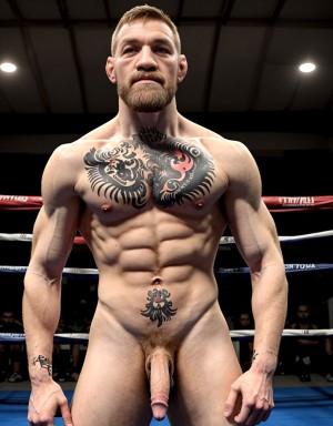 Foto muy realista texturas 8k. Conor McGregor está totalmente desnudo, tiene un pene grande, tiene testículos grandes y con vello. Está totalmente desnudo de cuerpo entero. Tiene mucho vello en el pecho, piernas y brazos. Está en un gimnasio de boxeo rodeado de boxeadores totalmente desnudos boxeando entre ellos. Amor y pasión.