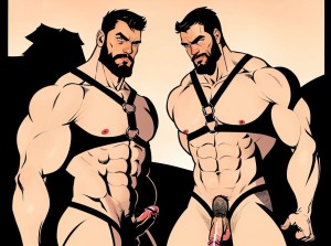 A muscular man with an athletic build, wearing a harness and a revealing suspensorio. He has a bit of facial hair, adding to his rugged appearance. The setting is a dimly lit space, with dramatic shadows highlighting his defined muscles, creating an intense and captivating ambiance. ((( visible penis)))