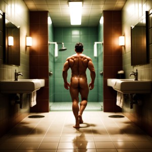 Hombres semi desnudos, algunos con pene visible, en un baño público, musculosos, mojados, con toallas alrededor de la cintura, mostrando torsos desnudos, algunos con vello corporal, ambiente húmedo y cálido, azulejos de baño, duchas al fondo, agua corriendo, sensual y relajado.