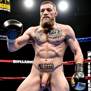 Foto muy realista texturas 8k. Conor McGregor está totalmente desnudo, tiene un pene grande, tiene testículos grandes y con vello. Está totalmente desnudo de cuerpo entero. Tiene mucho vello en el pecho, piernas y brazos. Está en un gimnasio de boxeo rodeado de boxeadores totalmente desnudos boxeando entre ellos. Amor y pasión.