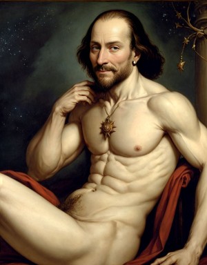 William Shakespeare es uno de los escritores más importantes de la literatura universal, y el máximo representante de la literatura en habla inglesa. Está totalmente desnudo musculoso. Se ve todo el cuerpo entero. Se ve el cuerpo completo.  ((Tiene pene grande erecto)). ((Tiene los testículos grandes)). Tiene mucho vello en el pecho brazos y piernas. Foto muy realista texturas 8k. Rodeado de estanterías con libros y mesa escritorio con papeles escritos. y de estrellas y sol reluciente que ilumina la cara y todo el cuerpo.