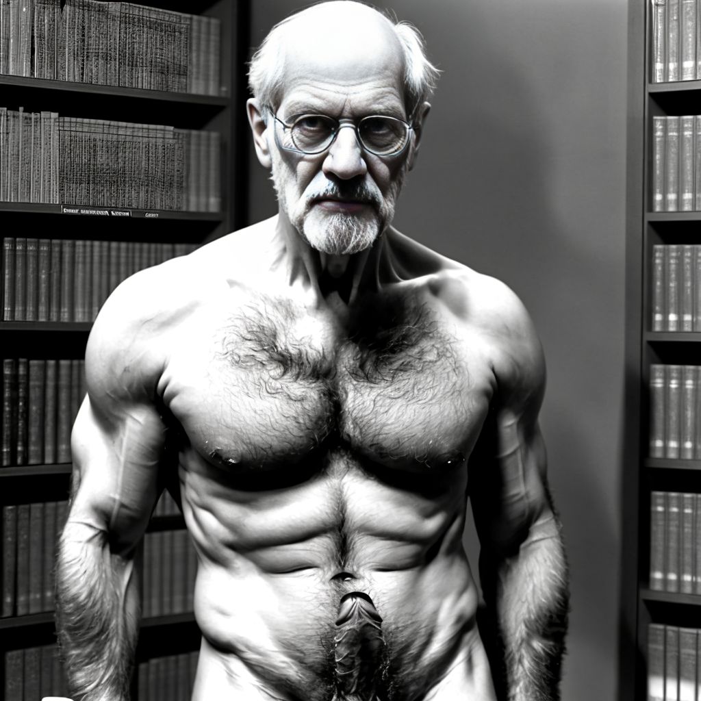 Sigmund Freud desnudo musculoso. Tiene el pecho velludo y brazos velludos. Está de pie. Está totalmente desnudo musculoso. Tiene pene grande erecto. Tiene testículos grandes. Tiene mucho vello y pelo. Foto muy realista texturas 8k. Está rodeado de libros de psicología tobogán laboratorio. Rodeado de dos hombres desnudos velludos. Hay un ambiente de psicología cercanía personal, compresión. Freud era un médico austríaco especializado en neurología. Es el padre del psicoanálisis y se le considera una de las figuras intelectuales más importantes del siglo XX.