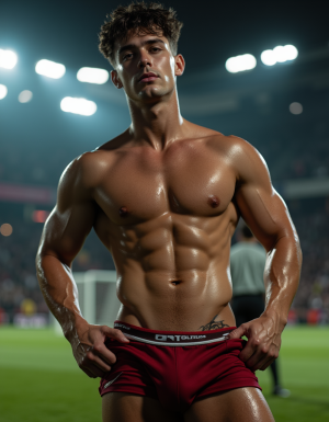 Photorealistic render, high-definition sports scene, handsome young soccer player, muscular physique, wearing tight athletic wet soccer shorts, accentuating the prominent bulge in the crotch area, dynamic pose, confident expression, sweat-glistened skin, intense stadium lighting, blurred background of a soccer field, focus on the athlete's groin area, detailed textures of the shorts and skin, realistic anatomy, energetic mood, sports theme.